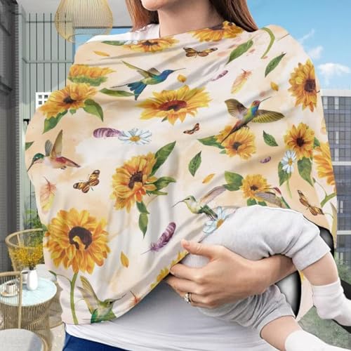 Image of Coldinair Hummingbird Car Seat Cover for Babies Girls Sunflower Nursing Cover,Soft Stretchy Infant Carseat Canopy,Shopping Cart /High Chair /Stroller Covers