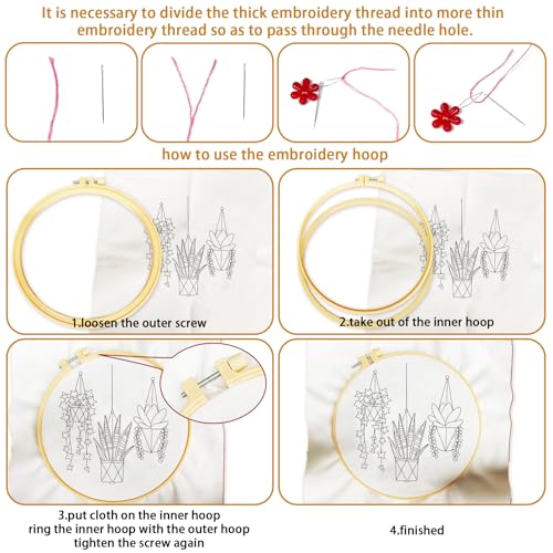 Image of BEUNITONE 4 Set Embroidery Kit for Beginners, Vase Plants Cross Stitch Kits, Needlepoint Kits for Adults with Instructions and Full Kit, Creative Hand Embroidery Patterns for Cloth and Home Decor