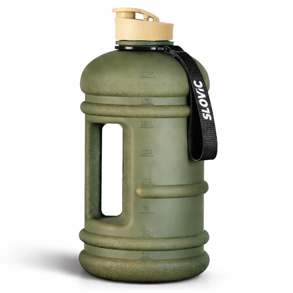 SLOVIC Gallon Water Bottle 2 + Litre | Gym Motivational Sipper Water Bottle for Adults | 100% BPA Free & Leakproof | 2 Litre Sipper for Men & Women with Ergonomic Handle | Dark Green | 2200 ML