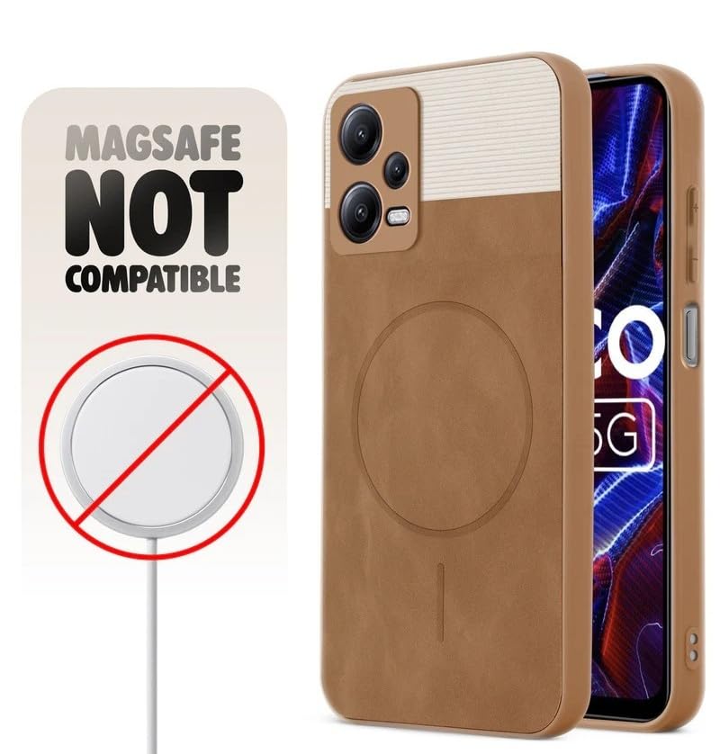 Image of Bintage CASE Mac Safe Design Hard Light Weight Back Case | Soft Border Camera Protect | Dual PU Leather Finish Back Cover Compatible for Poco X5 Pro 5G - White & Brown