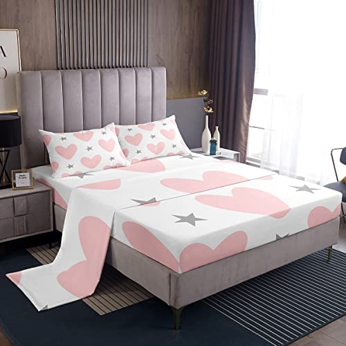 Girls Cute Love Heart Sheet Set Kids Lovely Warm Sweet Sheets with Deep Pocket Fitted Sheet Star Love Heart Pattern Bed Sheets Set Breathable Romantic Pink Grey Bedding Set Room Decor Quilt
