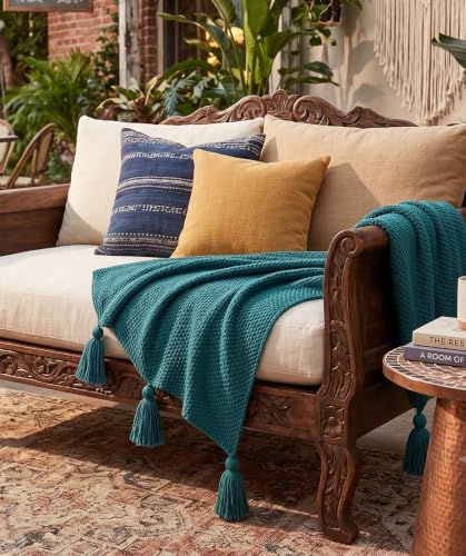 Image of Furnistitchs Plain Solid Knitted Sofa Throw Blanket 50x60 inches / 125x150 cms| Cotton Plain Knit with Tassels | Aesthetic Bohemian Decorative Couch Throws for Living Room & Bedroom (Turquoise)