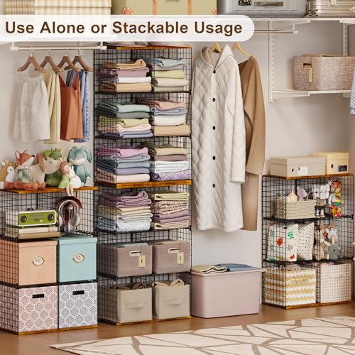 Free-standing Sturdy Tall 6-Cube Closet Organizer Storage Wire Basket Shelf with Wood Top for Wardrobe Bedroom Closet, Stackable Space-saving Clothing Shelves for Clothes, Sweaters, Pants, Handbags — view 2