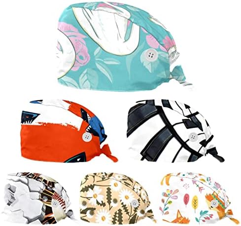 6 Packs Japanese White Cranes Peony Adjustable Working Caps, Bouffant Hats with Buttons, Working Caps for Women