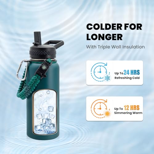 Image of RAYMYLO Insulated Water Bottle 32 oz, Triple Wall Vacuum Stainless Steel (Cold for 24Hrs, Hot for 12Hrs), Leak Proof & Non-BPA, Modern Water Flask Jug with Paracord Handle & Straw Spout Lids