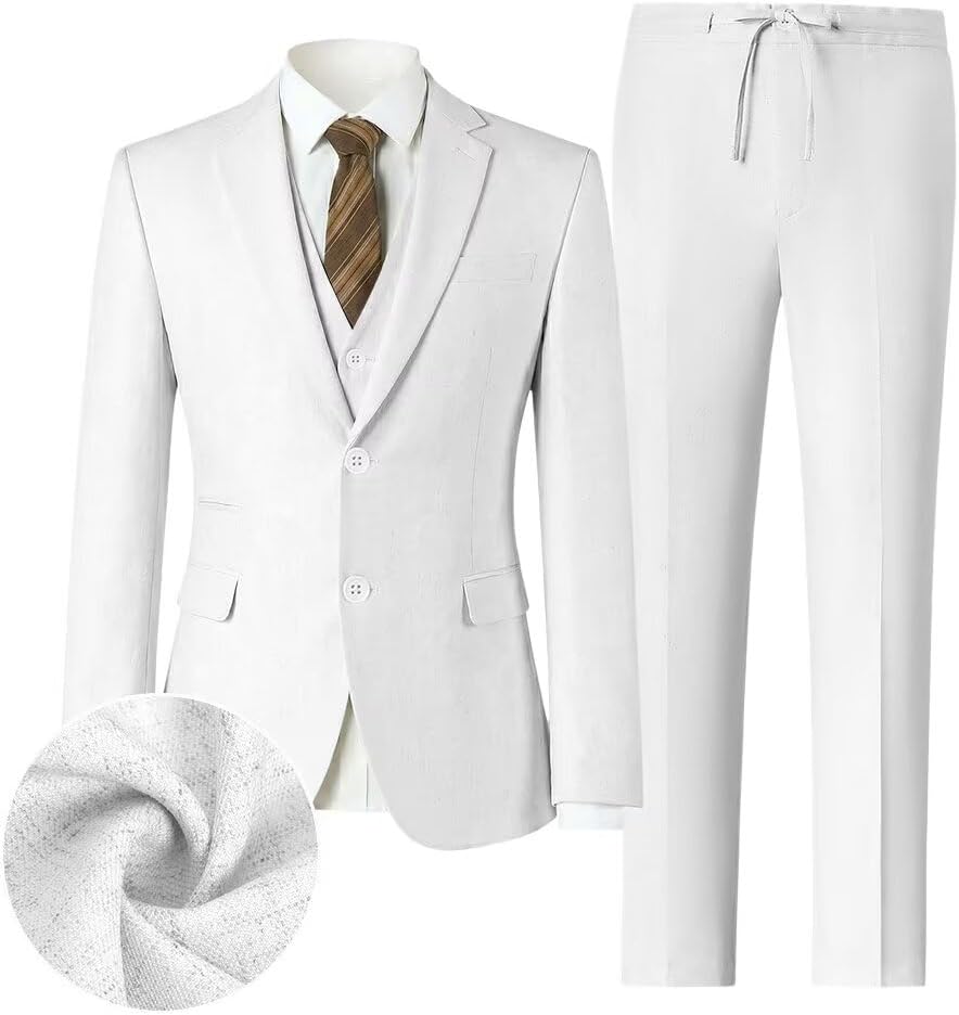 Retro Linen Boys Suit Slim Fit 5 Piece Sets Kids Wedding Outfit Linen Suits Casual Drawstring Tuxedo Set for Boy