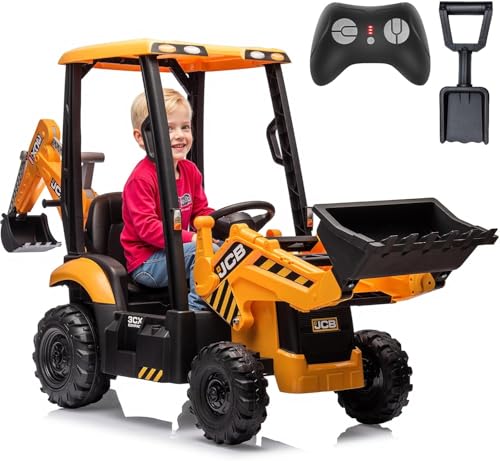 12V JCB Ride On Excavator, Ride on Toys for Kids 4-8, Electric Car for Kids with Tractor, Bulldozer, Digging Arm, Backhoe Loder with Slow Start/Stop, Adjustable Speeds (Excavator, Yellow with Roof)