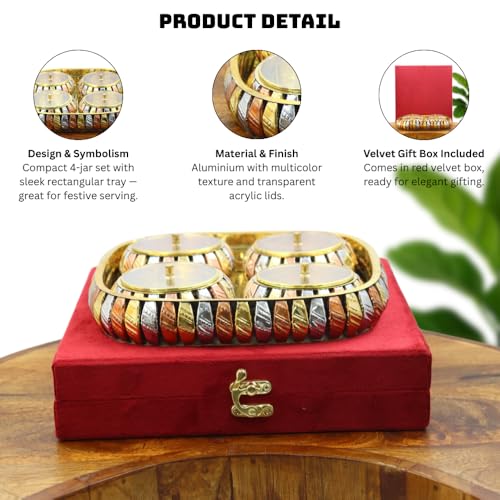 Image of INTERNATIONAL GIFT Aluminium 4-Jar Dry Fruit Set with Acrylic Lids & Tray - Tri-Tone Mukhwas & Candy Server in Velvet Gift Box for Premium Gifting