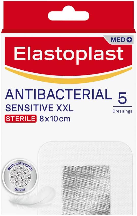 Elastoplast Sensitive Antibacterial Silver Plasters XXL (10 pieces) Large Pack of First Aid Plasters with Antiseptic Silver, Breathable Plasters, Plasters Elastoplast