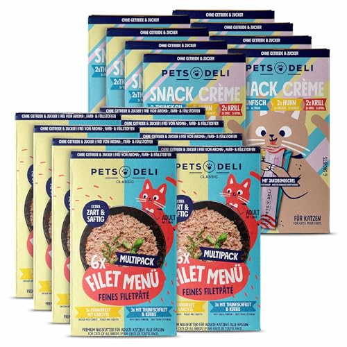 Pets Deli Bundle für Katzen mit Filet Menü Nassfutter Multipack und Cremesnack Multipack 1020g