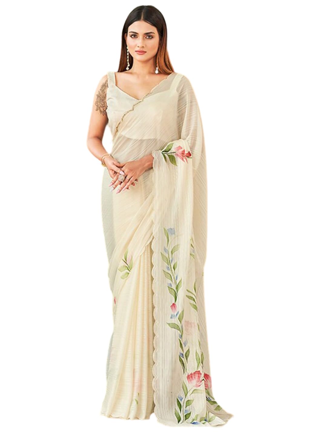 Womens Polyster Chiffon Floral Hand Printed Cut Work Designer Saree.(Offwhite)-image-21