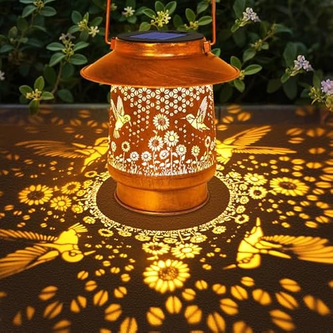 Hummingbird Solar Lanterns Outdoor Garden Decor, Sunflower Gifts for Women Mom Grandma Birthday Hanging Metal Solar Lights Waterproof Decoration for Garden Yard Lawn Patio