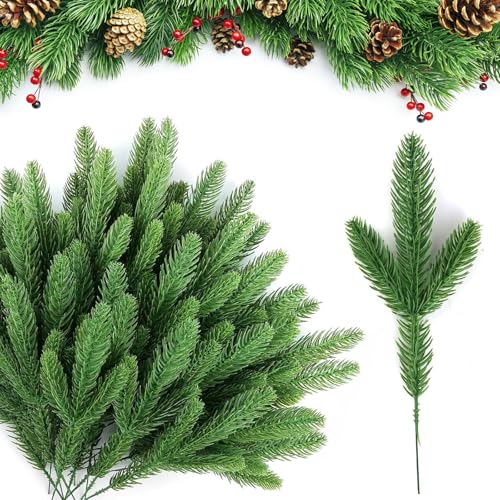 yosiio 50 Peças Ramos de Pinheiro Artificial de Natal, Agulhas Verdes Simuladas de Pinheiro para Decoração de Ramos, Guirlandas, Árvore de Natal ou Presentes DIY
