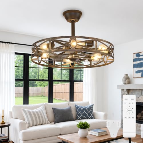 Depuley Caged Ceiling Fans with Light: 24-Inch Bronze Metal Enclosed Farmhouse Fandelier for Kitchen Bedroom - Industrial Semi Flush Mount Ceiling Fan with Remote 6 Speeds Reversible Motor Timer by Depuley - Used condition - US$77.81