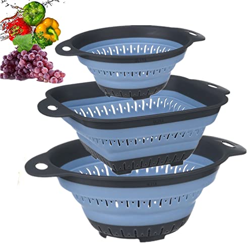 OLIYA Faltbares Sieb-Set, BPA-freies Silikon-Lebensmittelsieb mit Kunststoffgriff, zusammenklappbar, hitzebeständig, Nudel- und Gemüsesieb, spülmaschinenfest, 3 Stück (blau) Cover