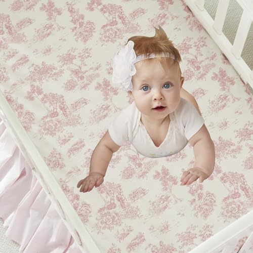 Image of Brandream Baby Crib Sheets for Girls Boys, Fitted Crib Sheet for Standard Crib and Toddler Mattress, Super Soft 100% Cotton Baby Sheet French Country Pink Toile Floral Print, Crib /Toddler