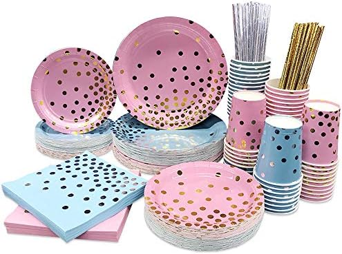 Ottin 250PCS Blue and Pink Party Gender Reveal Supplies for 50 Guests Assroted Disposable Paper Plates and Napkins Set Include Dessert/ Dinner Plates Cups Napkins Straws for Graduation Wedding Birthday for Boys Girls