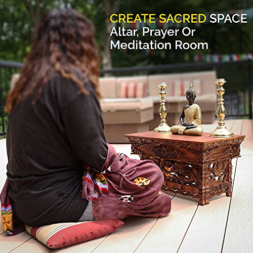 DharmaObjects Solid Indian Elm Wood Hand Carved Floor Shrine Altar Meditation Table (Large, Dark)