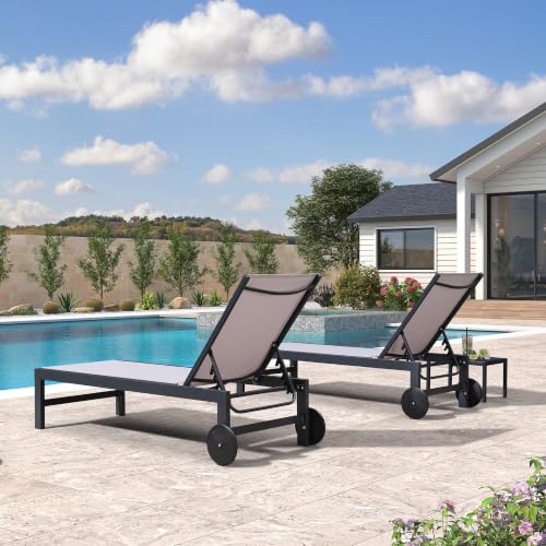 Image of PURPLE LEAF Outdoor Chaise Lounge with Easy-Move Wheels, Light Grey