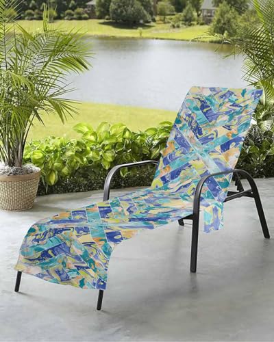 Marble Blue Teal Beach Chair Towel Covers for Chaise Lounge with Side Pocket, Soft Plush Pool Towels Cover for Patio Sunbathing Outdoor 29''x85'' Ombre Pastel Navy Abstract Contemporary