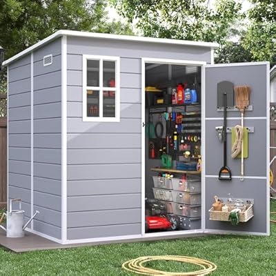 VONZOY VONZOY Resin Outdoor Storage Shed with Floor, 6x6 FT Plastic Garden Shed with Lockable Door & Window for Bike, Garbage Can, Lawn Mower, Grey White