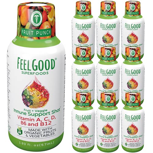 Feelgood Superfoods Immune Support Shot Supplements, 26 Organic Fruits and Veggies, Ready to Drink Immunity Booster, Fruit Punch Flavor, Pack of 10