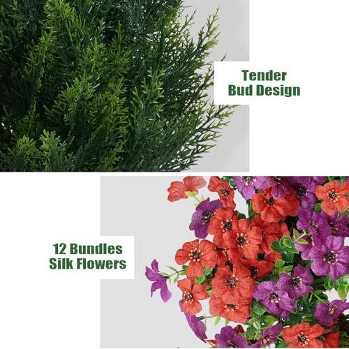 Image of Vitalismo Artificial Topiary Cedar Trees 4FT Tall 2 Set with 12 Bundles Faux Silk Flowers, Outdoor Indoor Faux Pine Shrubs Plants, Fake Bushes Plants for Home Front Porch Door Patio