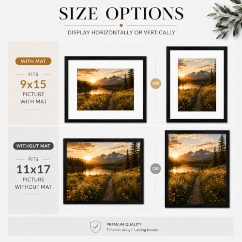 Image of JCJMY 11x17 Picture Frame with 9x15 Mat, Black 11 x 17 Poster Frame with Shatter Resistant Plexiglass, Display 9 x 15 with Mat or 11 by 17 Without Mat, Sturdy Wall Hanging Frame, 1 Pack