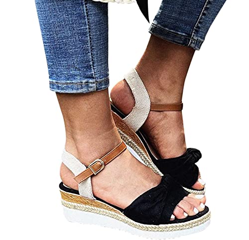 OMIREL Women's Platform Sandals Open Toe Ankle Strap Sandals Shoes Open Toe Buckle Wedge Sandals Espadrille Wedge Sandal Bow Top Outdoor Roman Slippers Casual Beach Walking Shoes,Black,US11/EU423