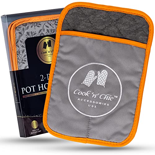Premium Pot Holders - 500°F Heat Resistant - Non Slip Textured Silicone Grip - Washable Mittens For Cooking Baking - Flexible Soft Terry Cloth Cotton Lining - Set Of 2 By Cook'n'chic #TOP26