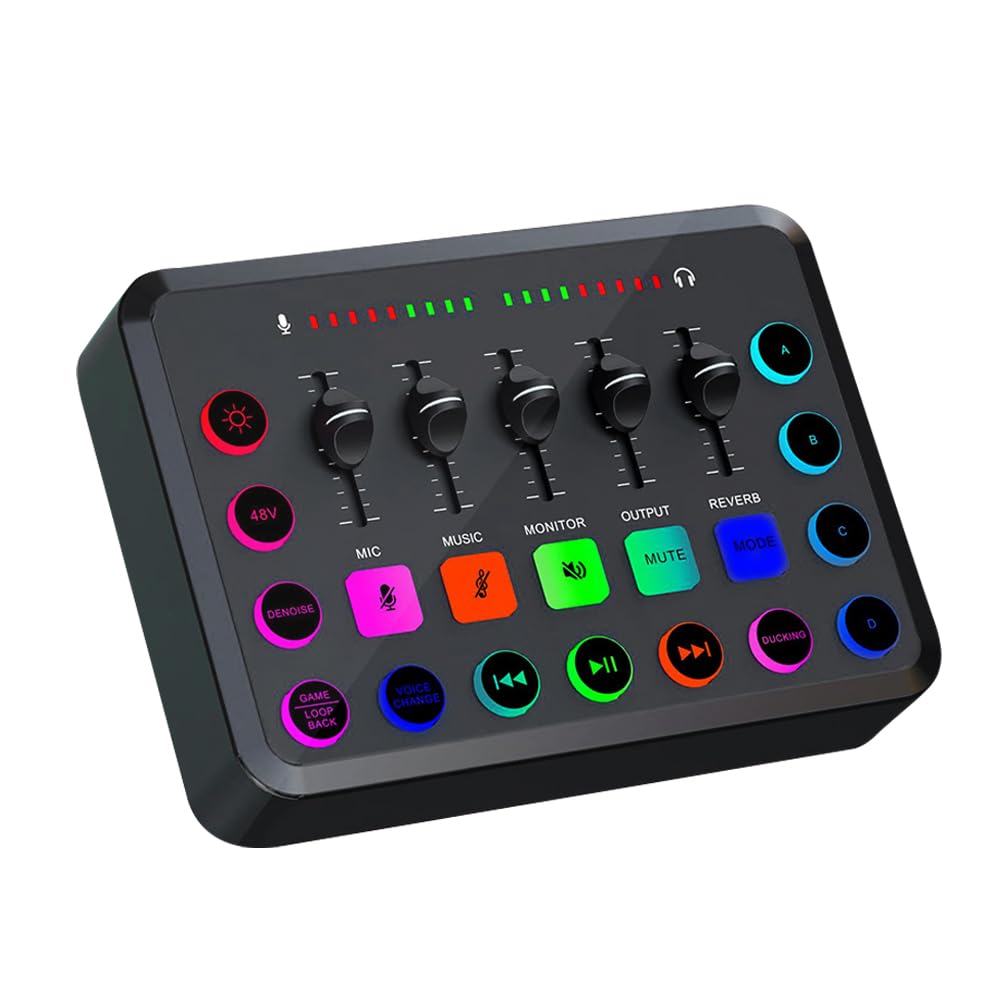 Mixer for Giochi con Scheda, Streaming Mixer RGB a 4 canali con interfaccia Microfono XLR, for Voce di Gioco, Podcast