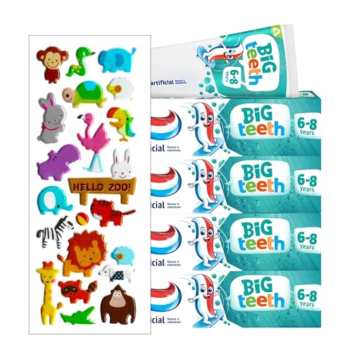 4 Pack Bundle - Aquafresh Big Teeth Age 6-8 Years (4X 50ml). A Hadco Bundle with a Puffy Sticker Sheet Included (Stickers Chosen at Random) Kids Toothpaste.