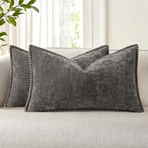 Image of decorUhome Fall Chenille Soft Throw Pillow Covers 12x20 Set of 2, Lumbar Velvet Farmhouse Neutral Decorative Pillow Covers with Stitched Edge for Couch Sofa Bed Home Decor, Dark Grey