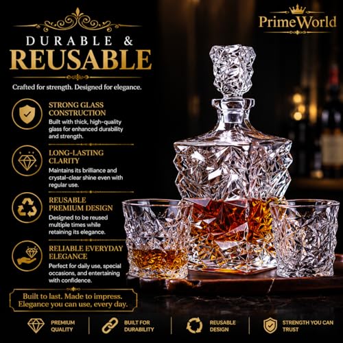 Image of PrimeWorld European Diamond Crystal Clear Glass Decanter 1 Pcs - Perfect For Whiskey, Scotch, Wine, Vodka, Tequila, Rum Etc (850 milliliter)