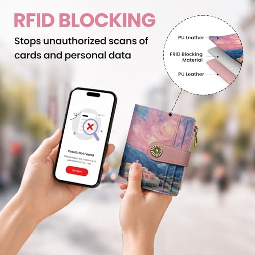 Image of Small Wallet for Women, RFID Blocking Bifold Card Holder Wallet with 10 Card Slots, Cash Compartment, Zipper Coin Pocket & ID Window, Cute Soft Vegan Leather Compact Wallet, Starlit Valley