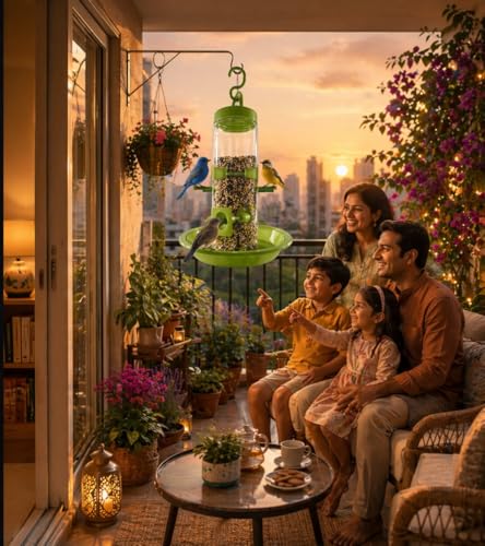 Image of PuraMart Hanging Bird Feeder for Garden, Balcony (1 Litre) | Bird Food Dispenser | 4 Feeding Ports | 360 Perch | Weatherproof Bird Feeding Station | Indoor & Outdoor Use (Feeder(Pack of 1))