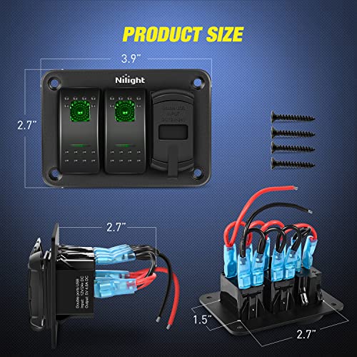 Nilight 2 Gang Rocker Switch Panel Green Backlit with 4.8 Amp Dual USB Charger Voltmeter Waterproof 12V 24V DC Night Glow Stickers for Car Trucks Boats RVs by Nilight - Used condition - Image 6