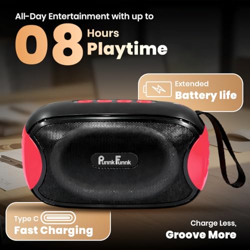 Image of PunnkFunnk Bass One Bluetooth Speaker, Deep Bass Sound with RGB LED Lights, Rechargeable Battery Powered, Portable Wireless Party Speaker, TF Card /USB /AUX Support for Mobile Phone (Red)
