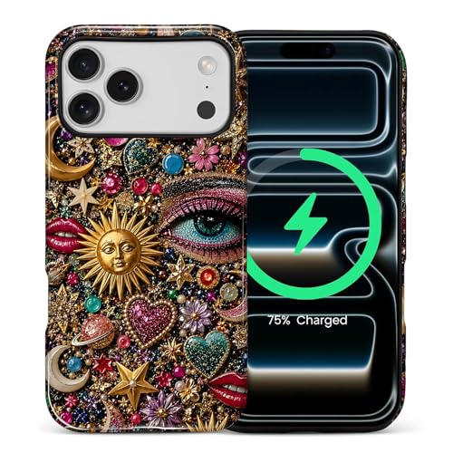 ZHEGAILIAN for iPhone 18 Pro Max/17 Pro Max,2-in-1 Case Compatible with MagSafe Shockproof Anti-Slip with Full-Body Protection Cover,Glossy Textured Print Design for Women 6.9in Mystic Cosmic Gems