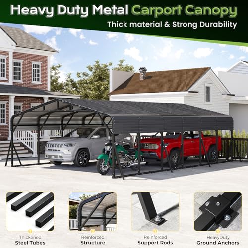 Image of Jocoevol 20x30FT Metal Carport, Heavy Duty Car Garage for Car, Boats Truck | Reinforced Support Rods and Windproof Ground Anchors, All-Weather Multi-Use Outdoor Shelter Outdoor Storage Canopy