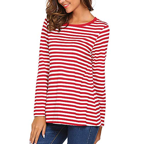 Vectry Camiseta Rayas Blancas y Rojas Manga Larga Mujer