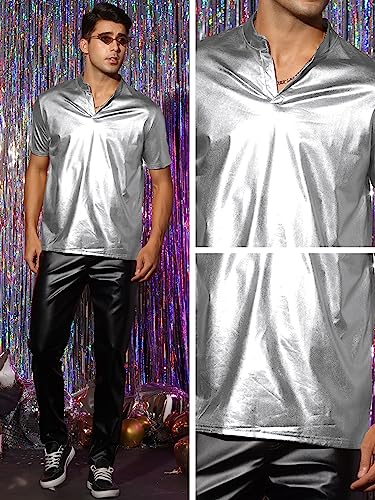 Lars Amadeus Metallic T-Shirt for Men's Stand Collared Shiny Disco Party Short Sleeves Polo Tee4