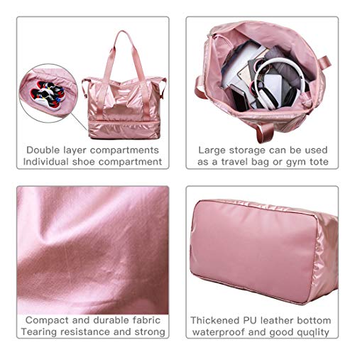Fancyfree Double Layers Bag, Large Travel Tote Bag With Bottom Shoes Compartment, Ideal Gym Duffle Bag For Women And Men (Rose Gold) #TOP3