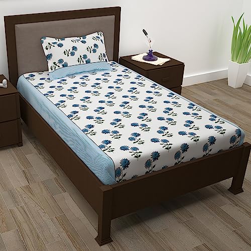 Image of Story@Home 144 TC Single Bedsheet Cotton Combo with 2 Pillow Cover | White & Blue | Floral (Bedsheet Single Bed : 57 in X 88 in & Pillow Cover : 16 in X 24 in)