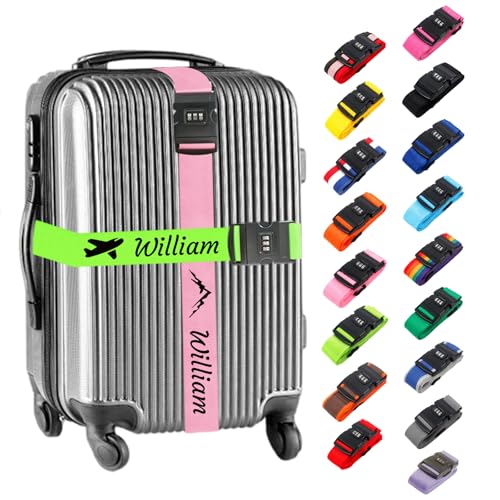 Personalised Luggage Strap with Lock 2 Pieces Custom Suitcase Strap with Name Embroidery Thick Heavy Duty Travel Strap for Luggage Adjustable Lockable Suitcase Belt