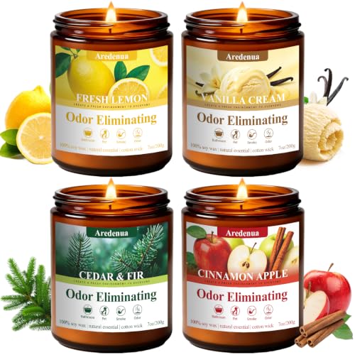 Image of 4-Pack Odor Eliminating Candles, 28 oz Soy Scented Candle for Home | Eliminates 95% of Pets, Smoke, Food and Bathroom Odors, 200 Hour Burn, Air Fresh Scent of Lemon, Vanilla, Apple, Cedar