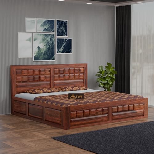 Image of Solid Sheesham Wood King Size Bed with Storage Box | Double Bed for Bedroom | Big Diamond Design Wooden Double Bed Cot for Home & Hotels | Rosewood, Honey Finish