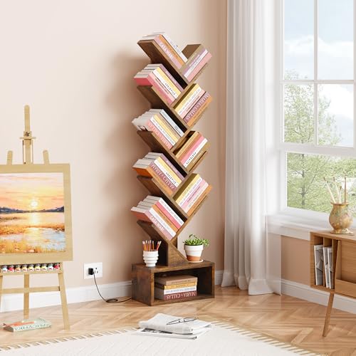 Image of Hoctieon 9 Tier Tree Bookshelf, Tall Bookcase, Freestanding Book Shelf with LED Lights, Display Floor Standing Storage Shelf, Book Organizer Shelves for Home Office, Living Room, Rustic Brown