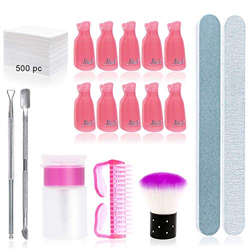 Buqikma Nail Gel Remove Tool Set Including Nail Brush, Triangle Cuticle Pusher, Nail File, Pump Dispenser Bottle and 500pcs Wipe Pads