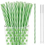 50 Reusable Xmas Green and White Striped Straws for Christmas,St.Patrick Day Party Supplies Decoration - 9 Inch Thick Plastic Drinking Straws for Green Irish Saint Patricks Party Favors Decor +2 Brush